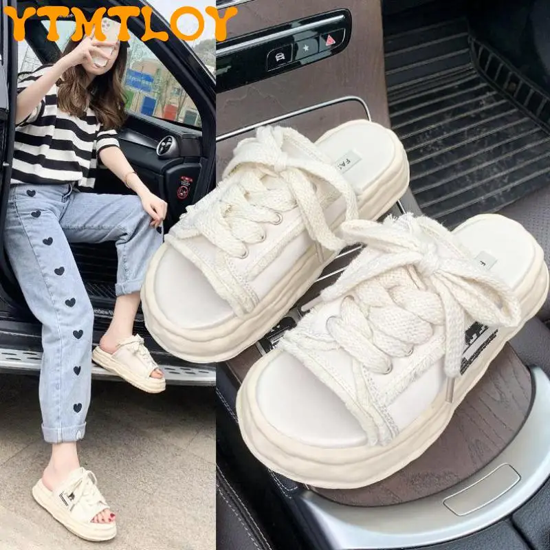 

Vthick Bottom Open Toe Half Slippers 2022 Summer New Women's Canvas Shoes Lace Beggar Shoes Cloth Shoes Slippers Ladies Slippers