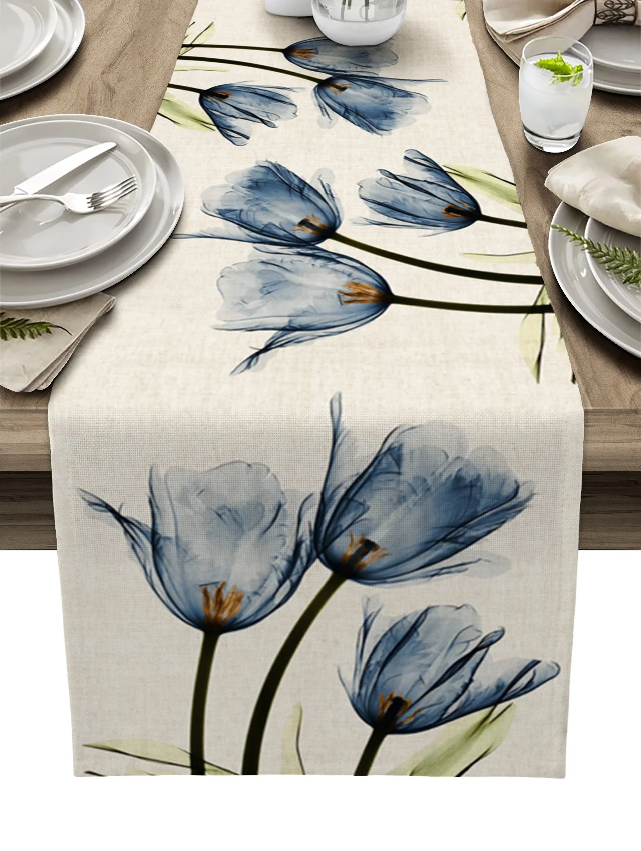 Camino de mesa de tulipán azul, decoración del hogar, decoración de mesa de cena