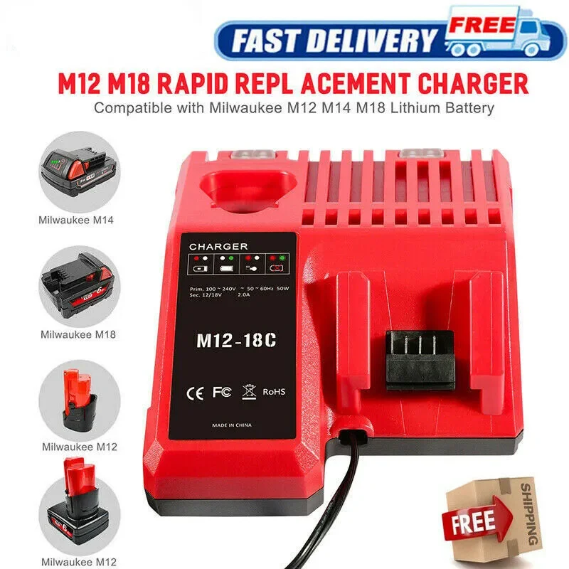 Быстрое зарядное устройство Li-Ion, 3 А, 12 В, 14 в, 18 в, подходит для Milwaukee M12-18C, Двухпортовая многослойная литий-ионная батарея M12 M18