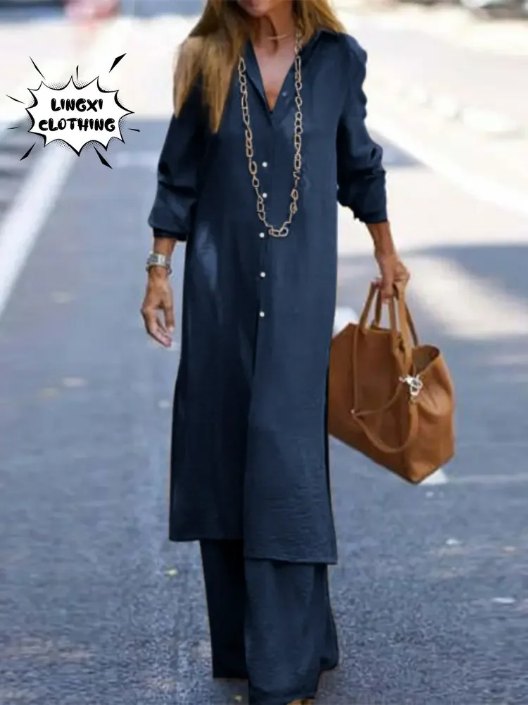 Элегантный длинный женский комплект с платьем на шнуровке и широкими брюками в