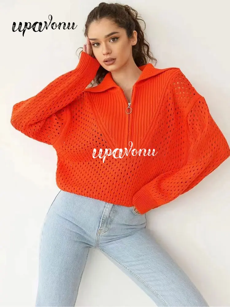 

Free Shipping Women's Loose Sweater Top Fashion Front Zip Lapel Long Sleeve Hollow Pullover Knit Sweater Sweater 2022 New Autumn