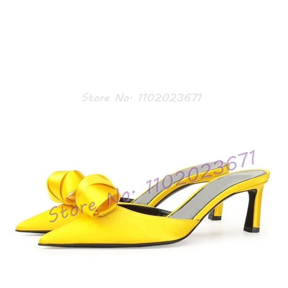 Шлепанцы женские атласные на среднем каблуке милые элегантные туфли с