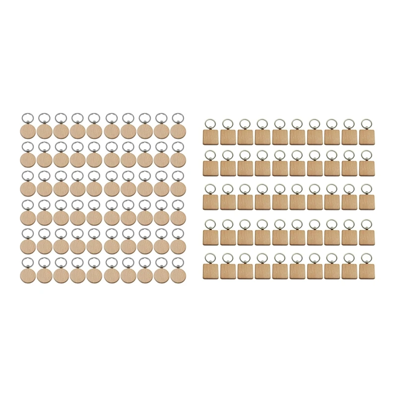 

60Pcs Round Wooden Key Chain Diy Wood Keychains With 50Pcs DIY Blank Wooden Keychain Square Carved Key Ring 40 X 40 Mm