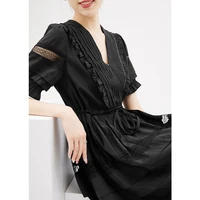 fashion designer vestidos elegantes para mujer vintage a line ruffles knee length v neck black dress woemn