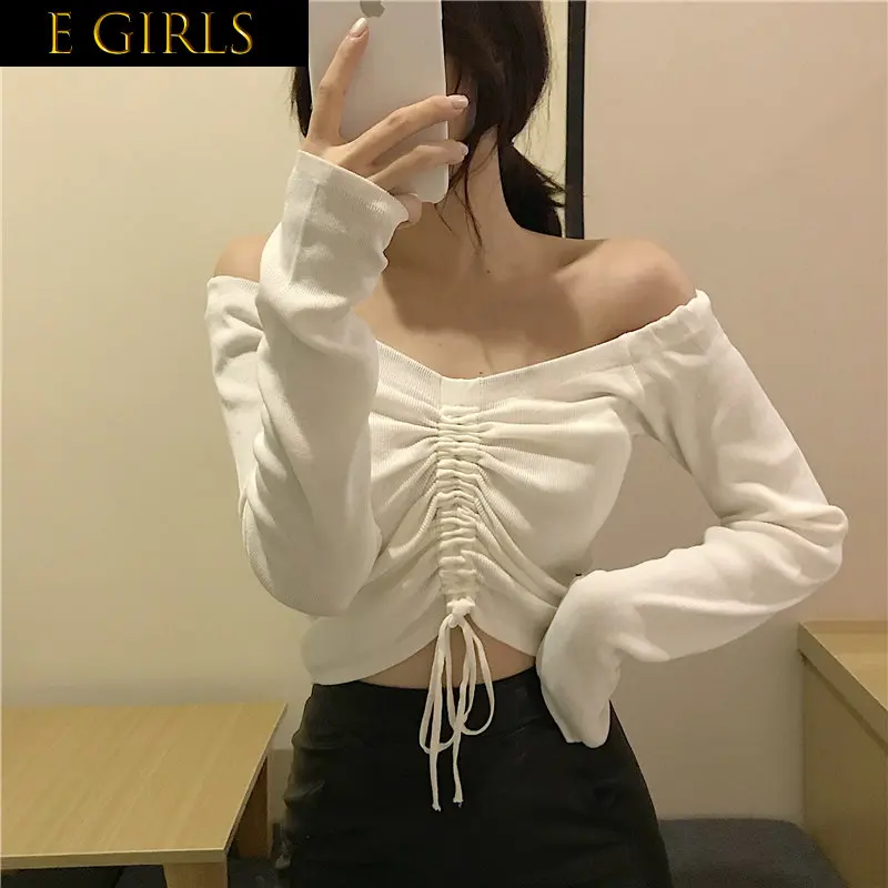 

E GIRLS Fashion Sexy Off Shoulder Women Long Sleeve Solid Color Strapless Drawstring Long Sleeve Slash Neck Shirts Blouses Tops