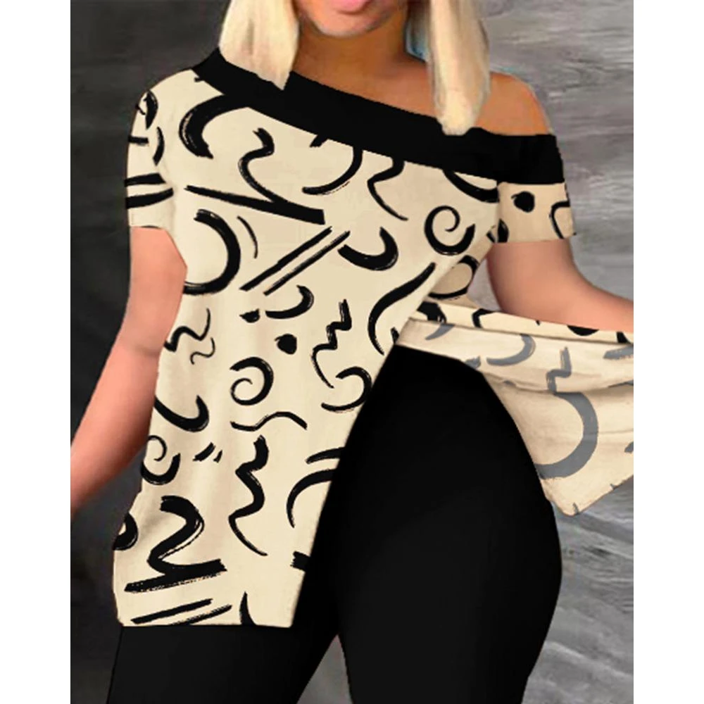 Summer Women Abstract Random Print Split Hem Skew Neck Short Sleeve Top & Pants Set Causal 2023 Two Pieces Suit y2k Clothes