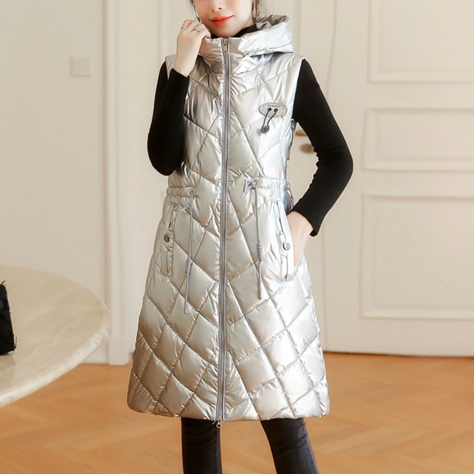 

Puffer Vest Women Fashion Plus Size Sleeveless Winter Coats Zip Up Hoodie Casual Long Puffer Jacket Warm Outerwear