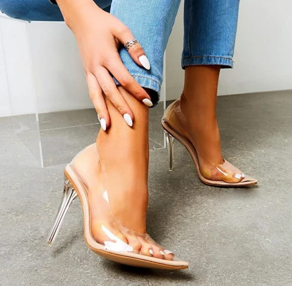 

Женские прозрачные босоножки без застежки, однотонные сандалии из пвх на тонком высоком каблуке, с острым носком, Размеры 35-42, для лета, 2022