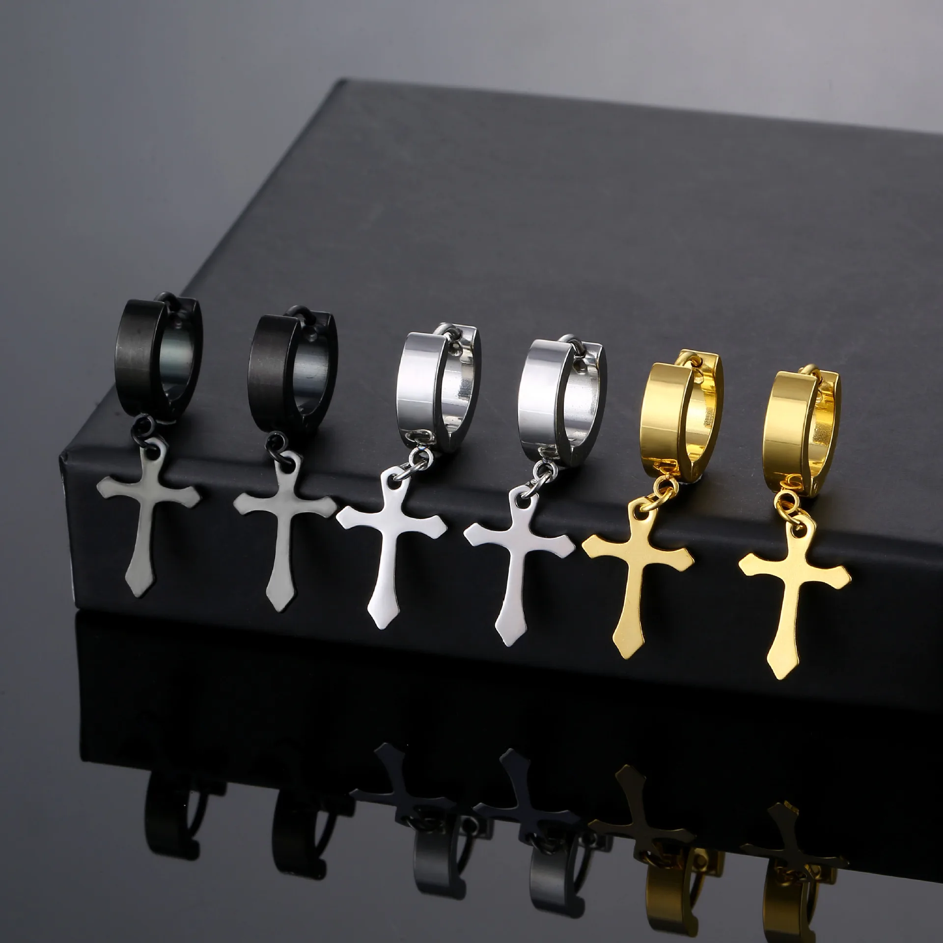

Spain Fashion Jewelry Crucifix Hoop Earrings For Men Stainless Steel Unisex Designer Free Shipping Items Aesthetic Accessories
