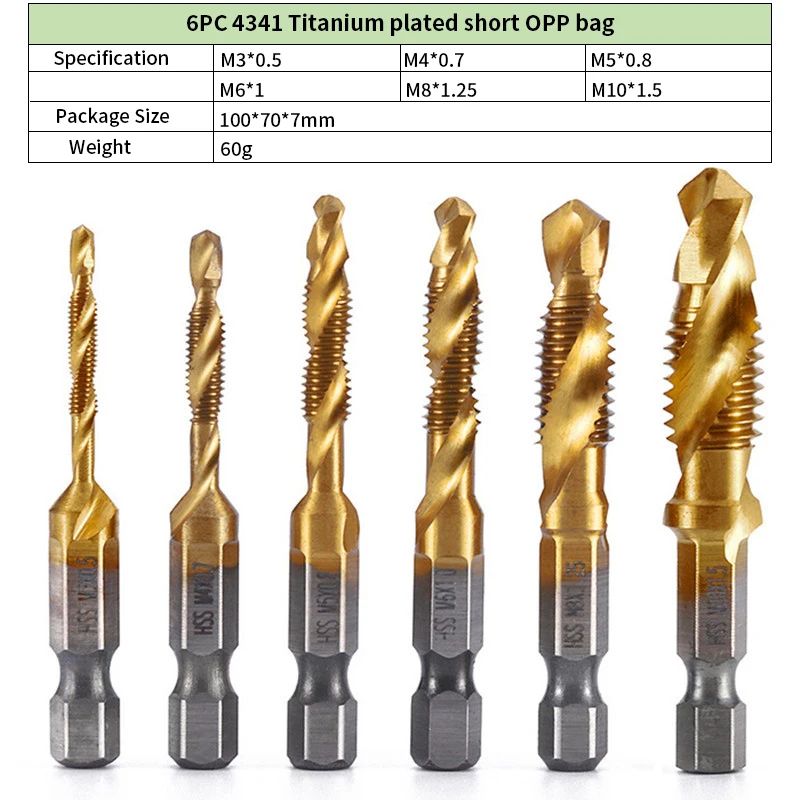 

6 шт. M3-M10 Сверла для метчиков из быстрорежущей стали, метчики из быстрорежущей стали, набор для снятия заусенцев с зенковкой, метрическая комбинированная насадка, высокоскоростная сталь 1/4 дюйма, быстросменный шестигранник