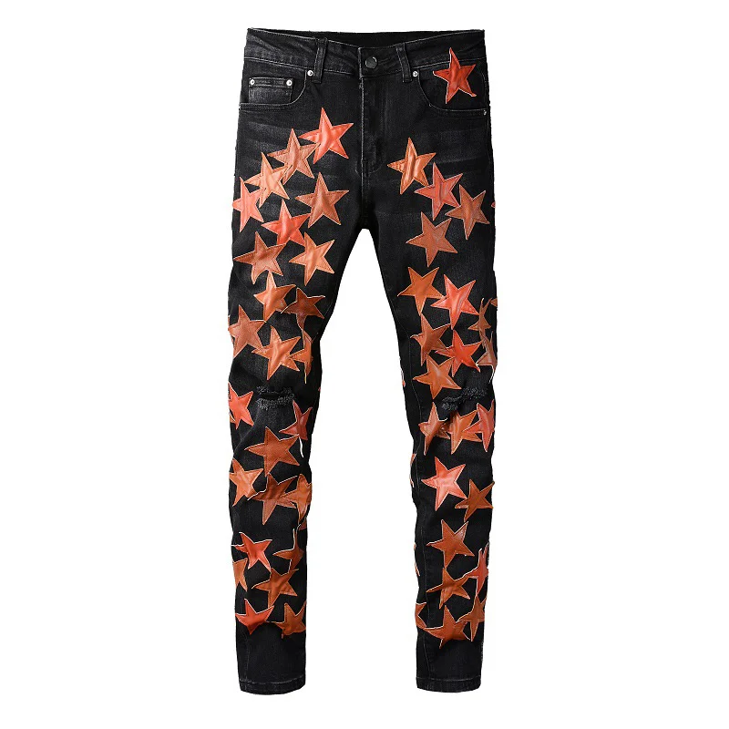 

Stretch Men Leather Stars Patches Denim Jeans Streetwear Black Skinny Tapered Pencil Pants Holes Ripped Distressed Trousers