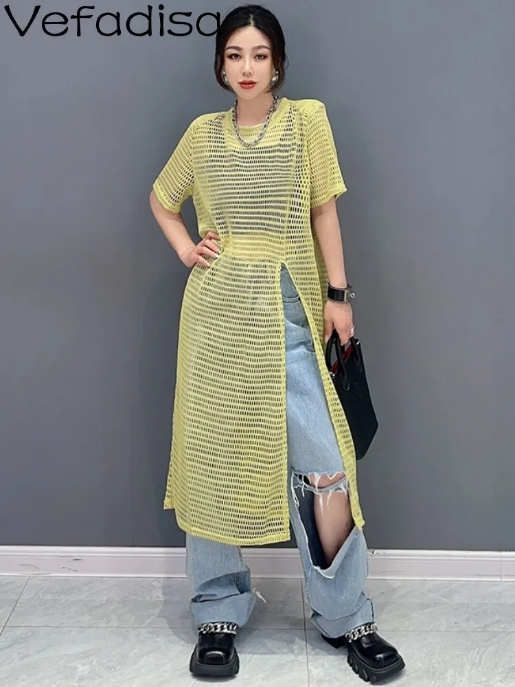 

Vefadisa 2023 Summer New Korean Fashion Mesh Sunscreen Short Sleeve T-shirt Dress Women Age Reducing Yellow Black Dress ZXF118B