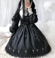 women gothic vintage lolita dress japanese style long sleeve cross print balck princess dress cosplay costume for girls
