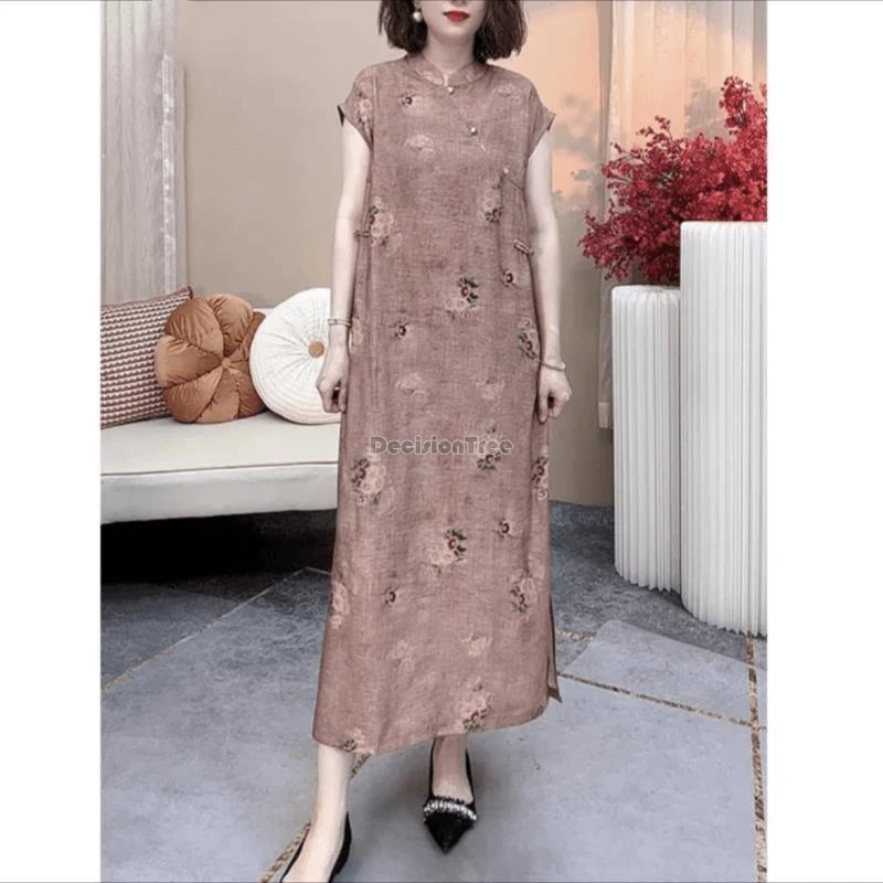 Женское платье-Ципао с цветочным принтом свободное повседневное длинное платье