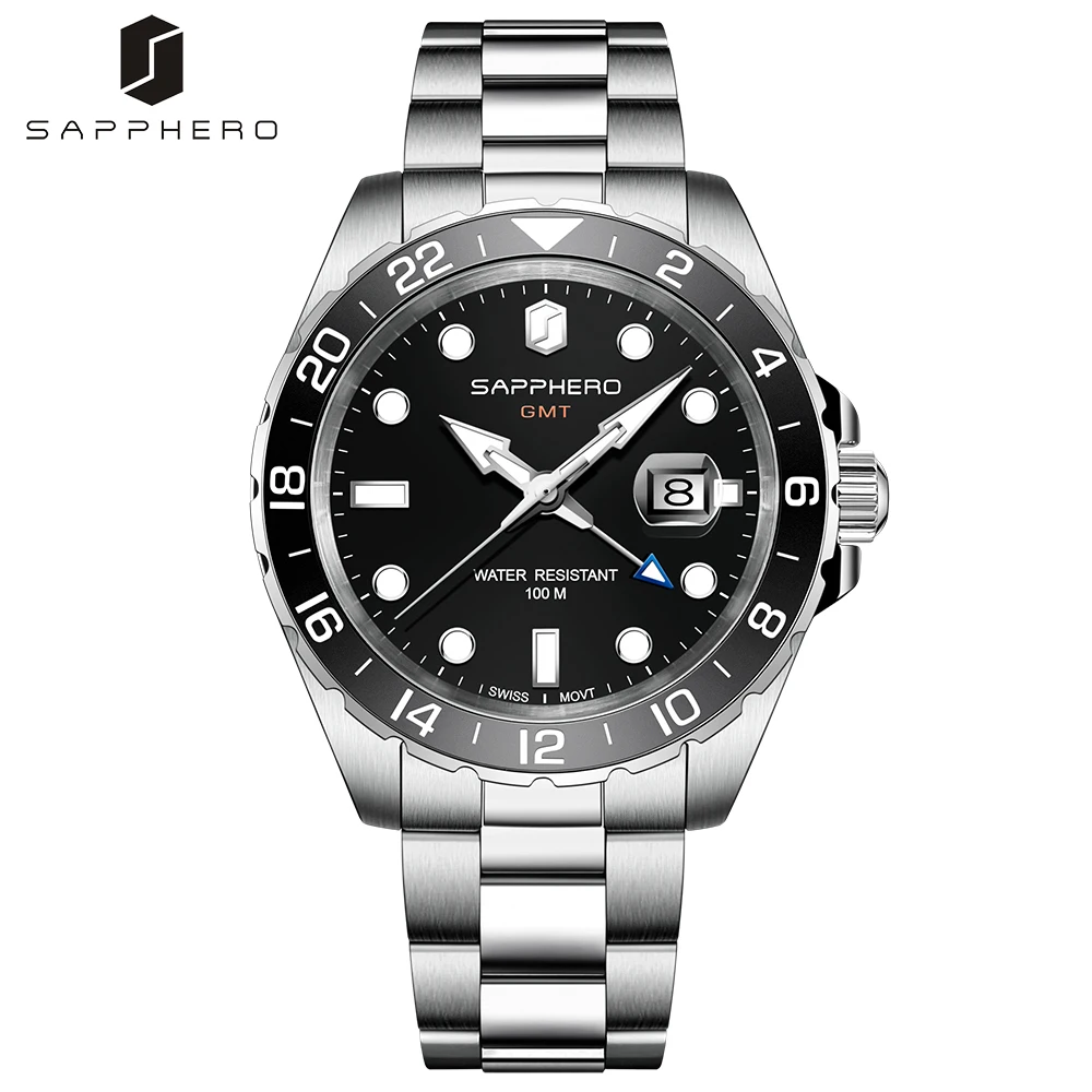 

SAPPHERO Classic Men Watch GMT Swiss Movement Luxury 10ATM Waterproof Stainless Steel Date WristWatch Business Clock for Man