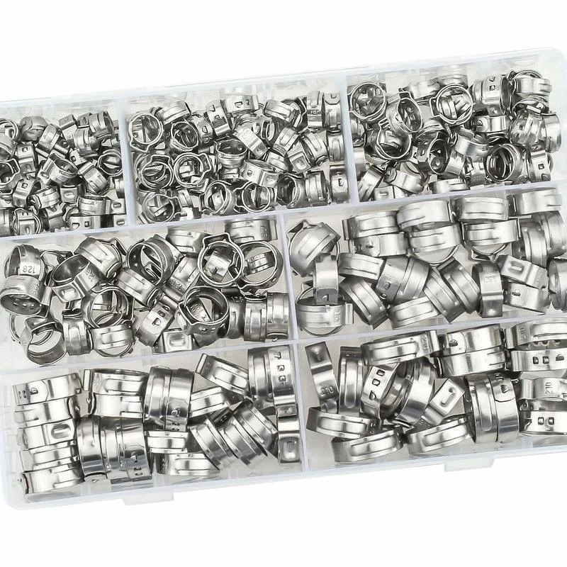 

128/70pcs Single Ear Hose Clamp Box 304 Metal Single Ear Hose Clamps Assortment Kit Single Water Gas Pipe Clips Pipe Clamps