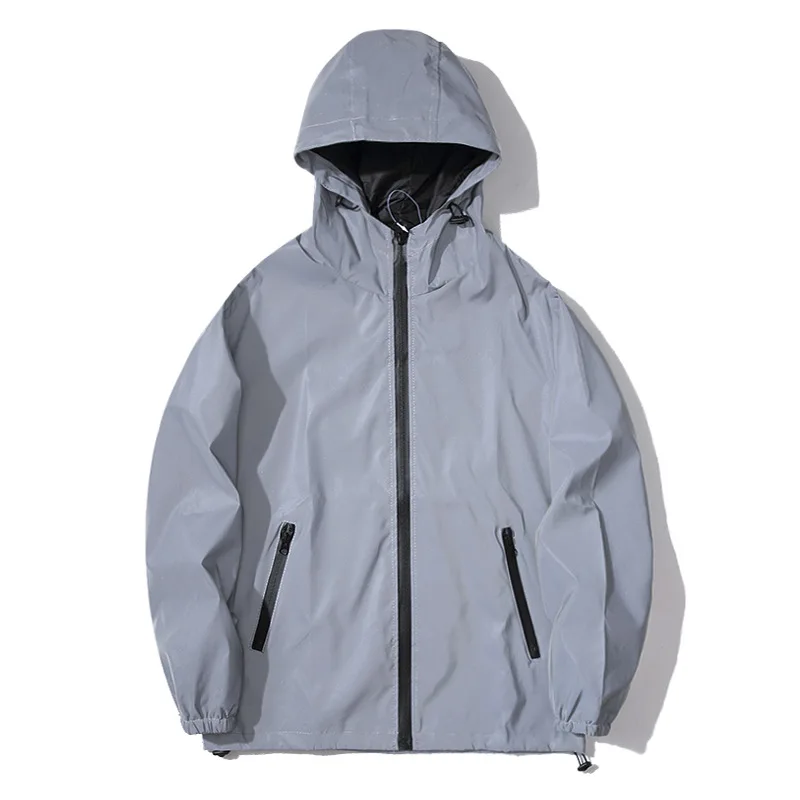 

Woman Reflective Jacket Hooded Harajuku 3M Reflective Windproof Jacket for women Coats Fashion Night Club Party Wear Grey Jacket