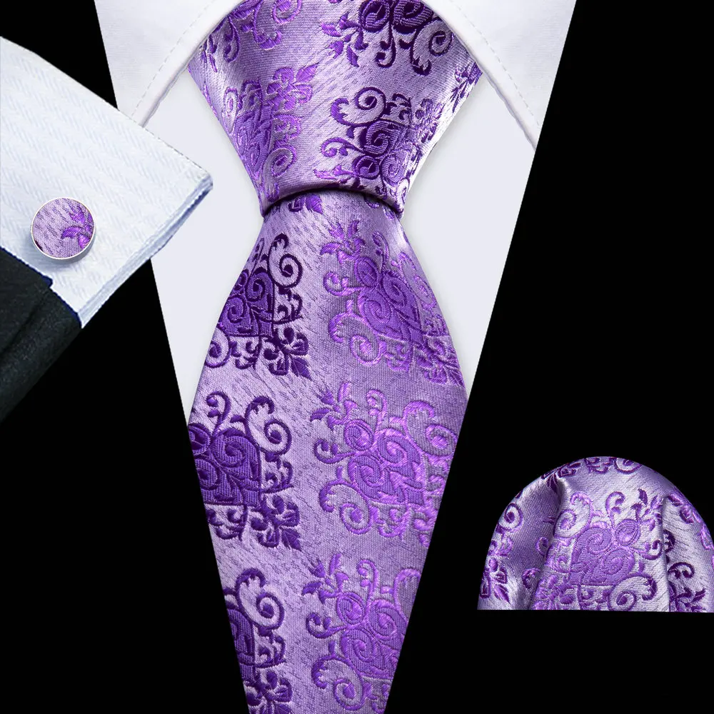 

Violet Purple Men's Tie With Pocket Square Cufflink Set Exquisiet Floral Silk Necktie For Male Formal Designer Party Barry.Wang