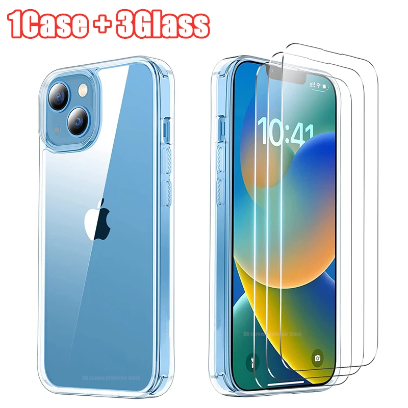 

1 Case + 3 Screen Protector for IPhone 14 13 11 12 Pro Max Mini Transparent Phone Case for XR XS Max 7 8 Plus SE Tempered Glass