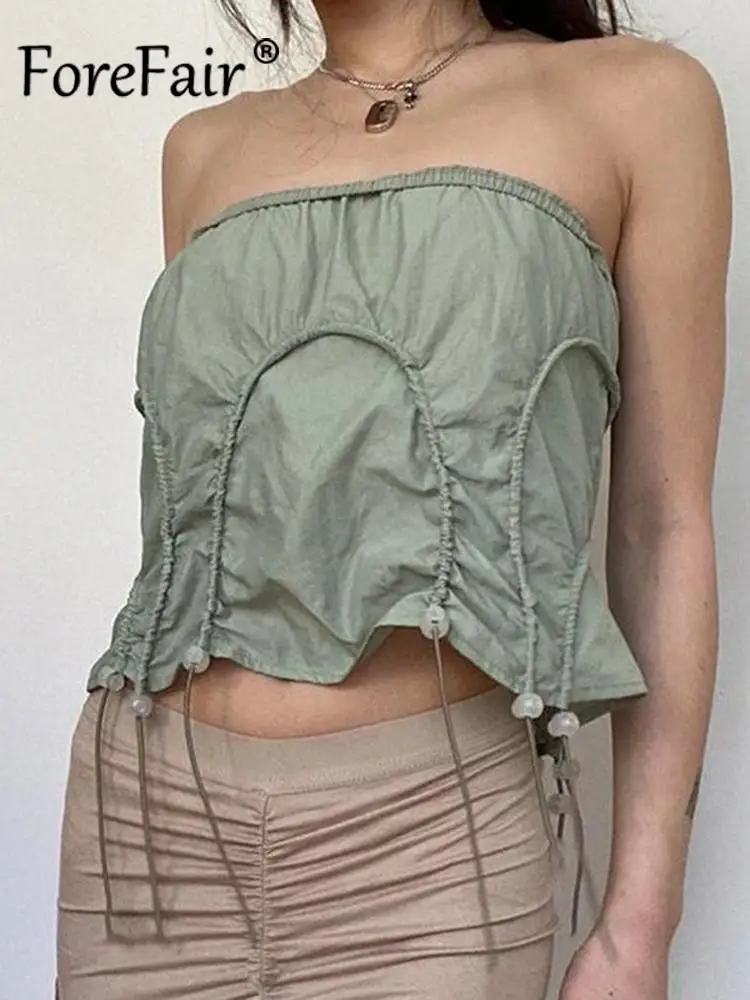 

Forefair 2022 Casual Y2K Drawstring Ruched Skirts Women Low Waist Summer Fashion Retro Green Mini Skirts Buckle Bead Two Wear