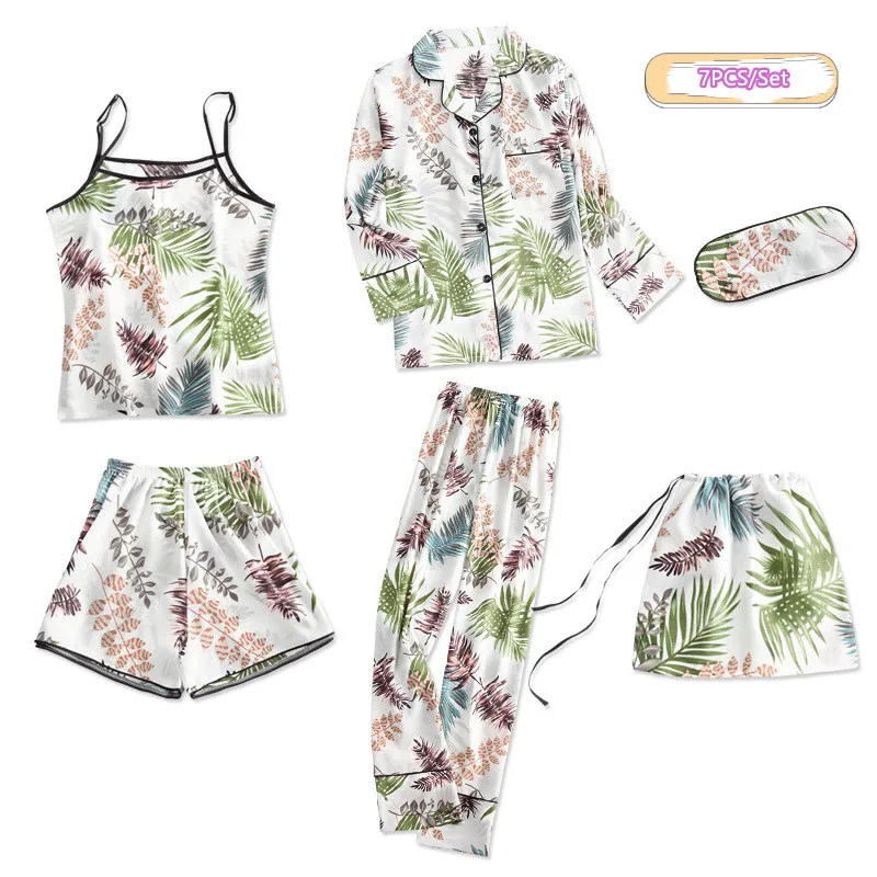 

Spring Pajamas Set Satin Femme Pajama Set 7 Pieces/Set Stitch lingerie Pants Pyjamas Women Sleepwear Mom Casual Pjs kPaCotAkoWka