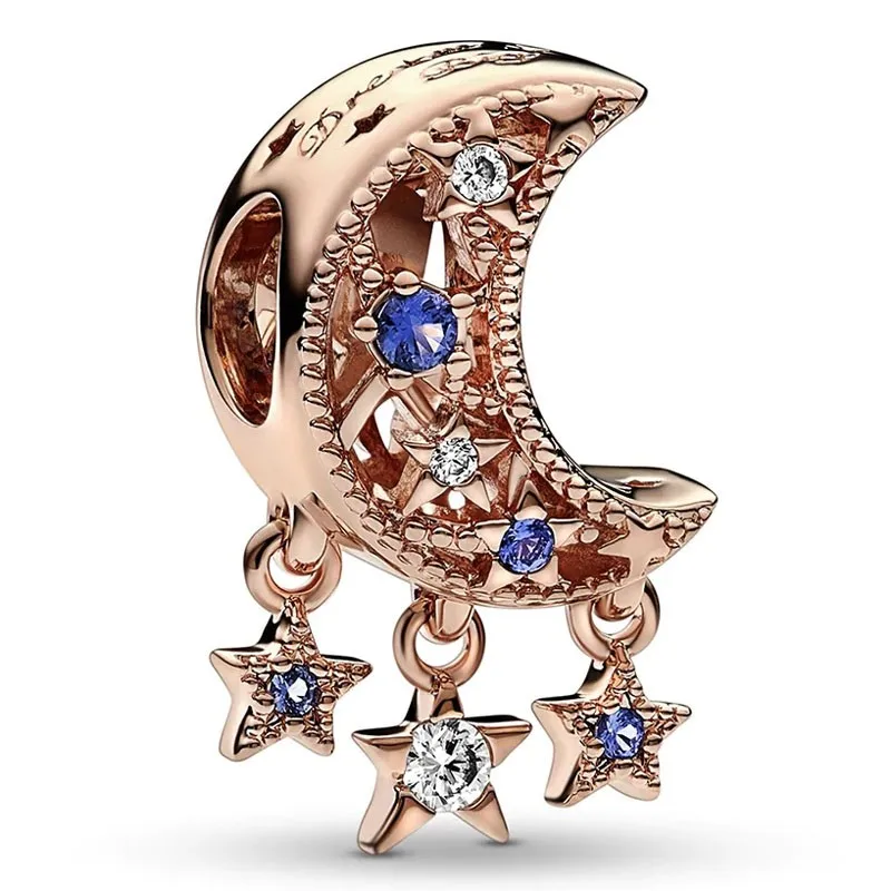 Authentic 925 Sterling Silver Moments Rose Gold Star & Crescent Moon Bead Charm Fit Women Pandora Bracelet & Necklace Jewelry