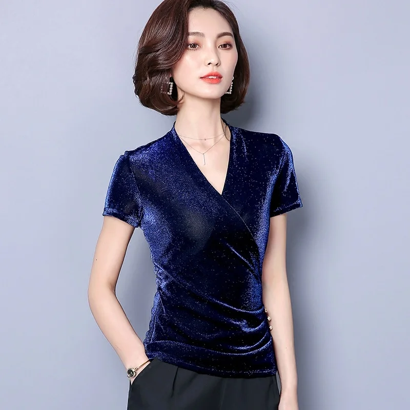 

#1530 Short Sleeve T Shirt Women V-neck Wrap T-shirt Buttons Skinny Sexy Office Lady Shiny Mesh T Shirt Office Lady Summer 2022