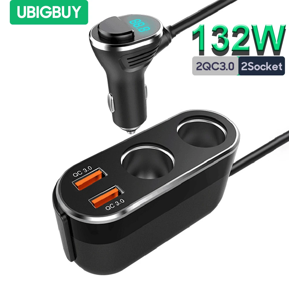 

Ubigbuy 132W Car Charger Adapter, 4 in 1 Cigarette Lighter Splitter with 2 Socket, 2 USB-A QC 3.0 Ports and LED Voltage Display