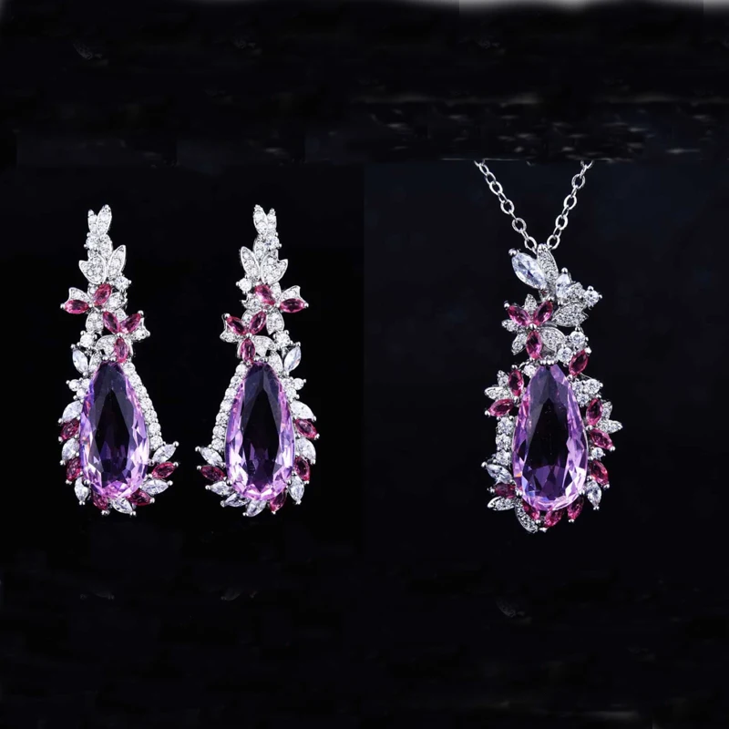 

Delicate Jewelry Set Inlay Pink Water Drop Zircon Elegant Pendant Necklace Charm Piercing Earring Women's Wedding Engagement Gif
