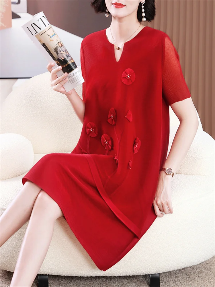 

Miyake Appliques V Neck Pleated Dress Women Wedding Party Short Sleeve Medium Long Female Solid Color Elegant 2023 Dresses Women