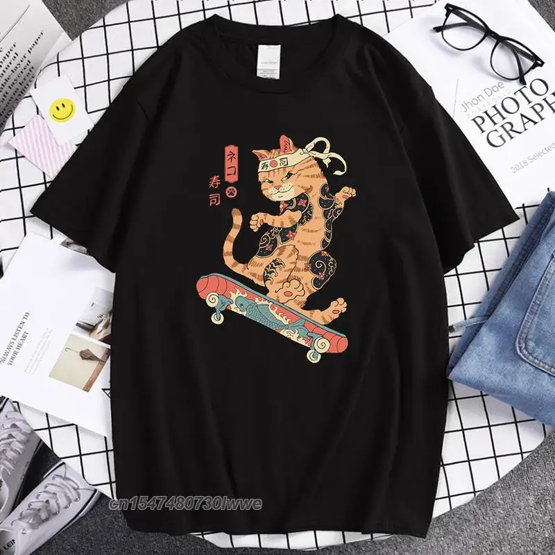 

Catana Play Skateboard Ukiyoe Print Tshirts Oversized Soft Tee Shirts Fashion Breathable Male T-Shirts Loose Tshirt Mans