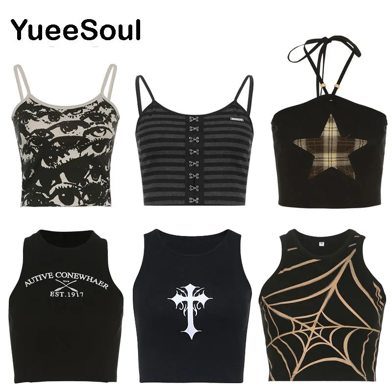Женский короткий топ без рукавов Черный Повседневный Топ с принтом в стиле гранж