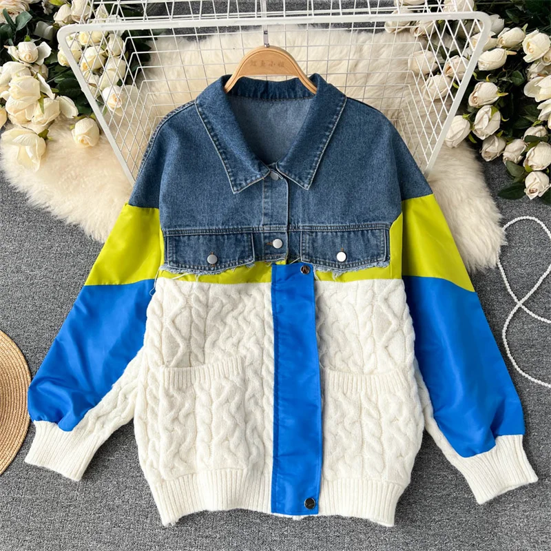 

Autumn New Women Knitted Patchwork Denim Jacket Loose Casual Color Blocking Knit Long Sleeve Female Jeans Jacket Chaqueta Mujer