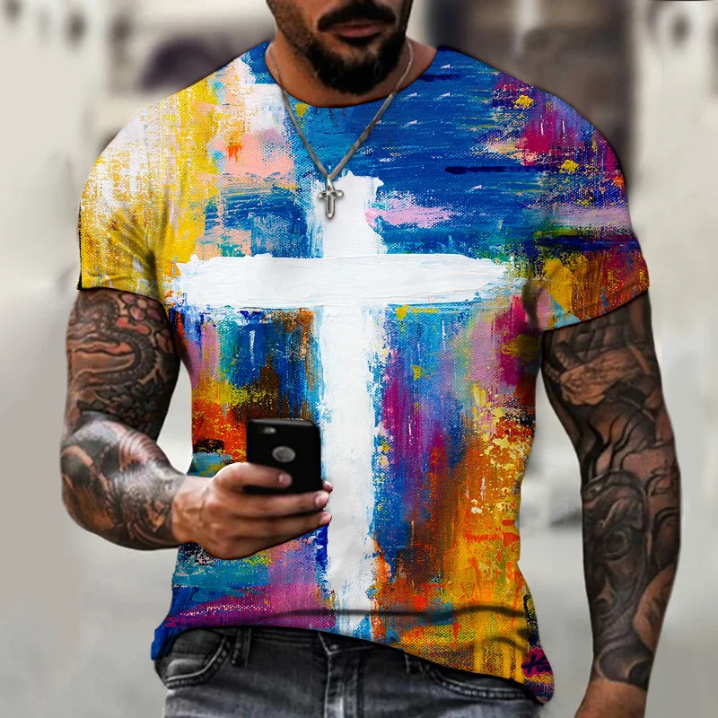 

J Hyperland Lucky Top New Summer Men's T-Shirt Cross Jesus 3D Print Street Harajuku Apparel Premium Fabric