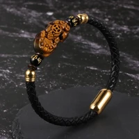 men women natural stone tiger eye brave troops charm bracelets genuine leather stainless steel buckle wristband healing jewelry