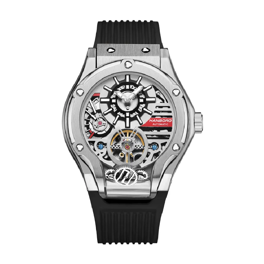 

HANBORO Mens Automatic Watches Luxury Men Watch Mechanical Wristwatch Waterproof Luminous Skeleton Dial Rubber Strap 8N24