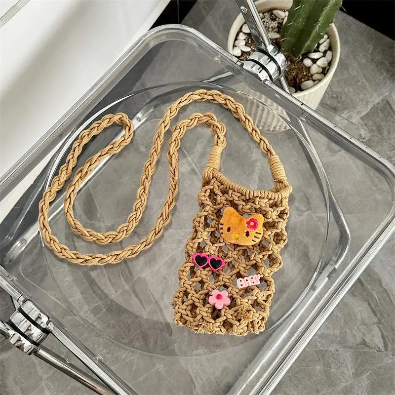 Sanrio Гавайская черная кожа Hello Kitty ручная работа плетеная Сумка для телефона