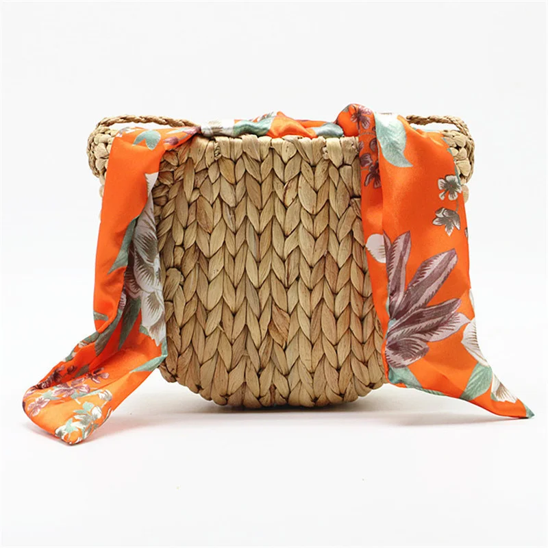 

Gourd grass straw bag shoulder Crossbody woven bag silk scarf bow beach bag