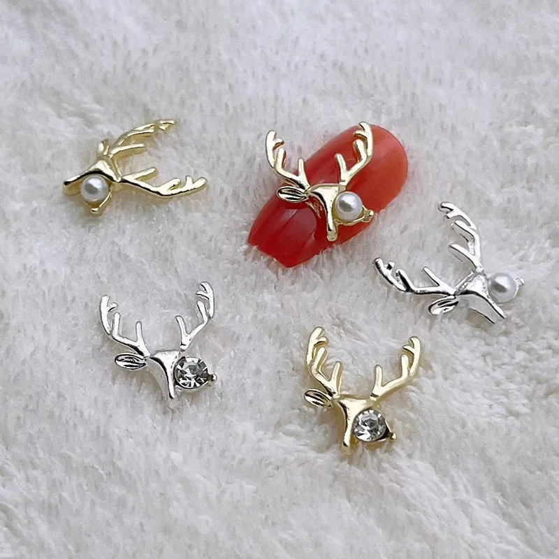 

100PC Nail Embellishment Christmas Xmas Elk Alloy Lucky Deer With Rhinestone Gold Silver Metal Charms For UV Polish Nails Decors
