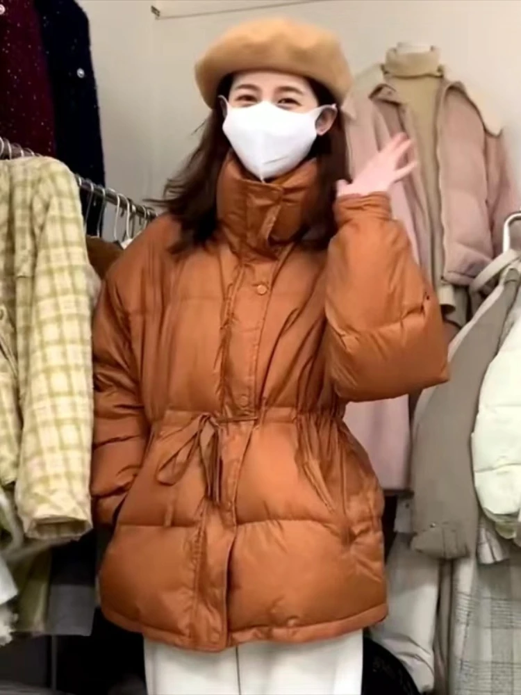 

Женское пальто на белом утином пуху LY VAREY LIN, зимняя модная куртка с воротником-стойкой и завязками на молнии, Женская Повседневная Свободная...