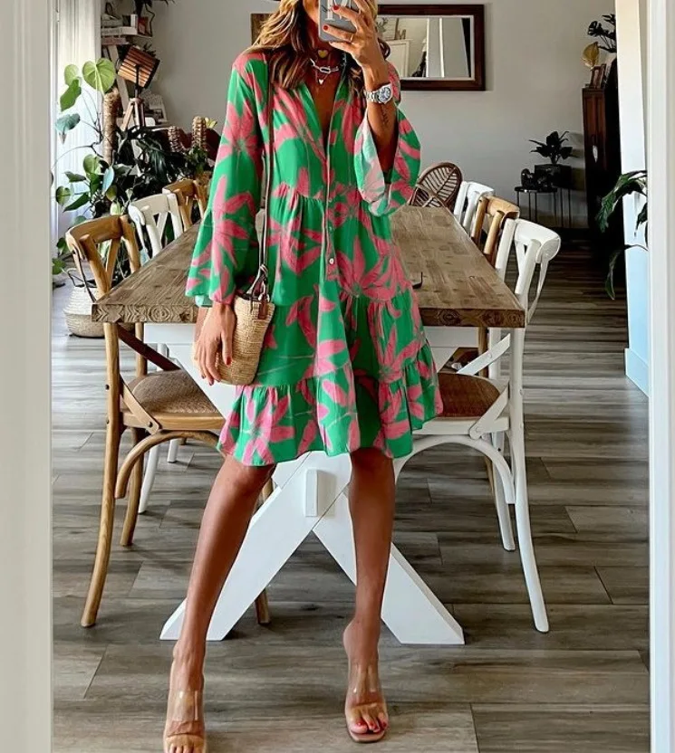 

2023 Summer Women's Dress Long Sleeve Printed Flare Sleeve Women's Medium Length Dress Summer Dresses Beach Vestido