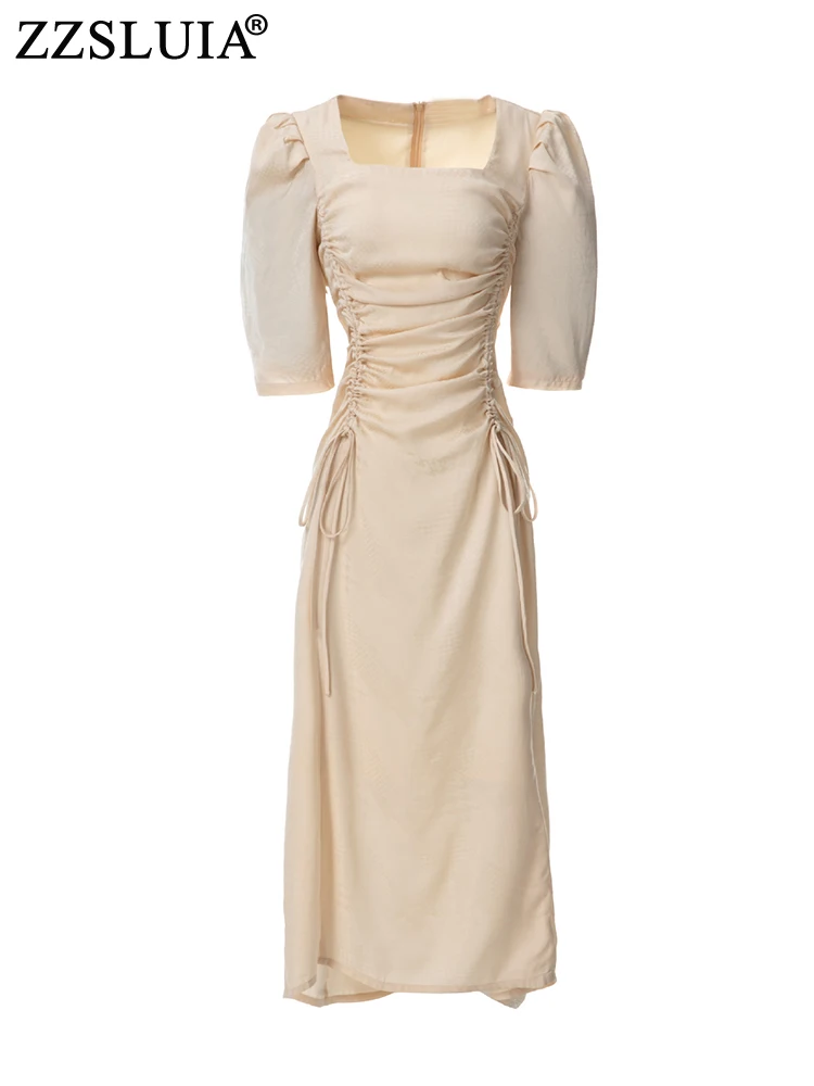 

ZZSLUIA элегантные платья для женщин со складками дизайнерское тонкое длинное платье модное с пышными рукавами с рисунком на шнурках винтажные женские платья