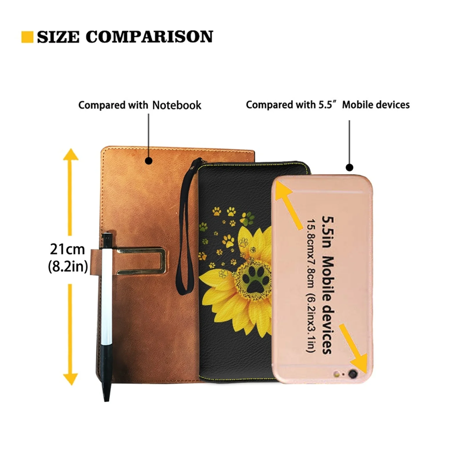 Belidome Sunflower Dog Footprint Women Wristlet Wallet Soft Leather Zip Long Purse RFID Blocking Card Holder Clutch Organizer