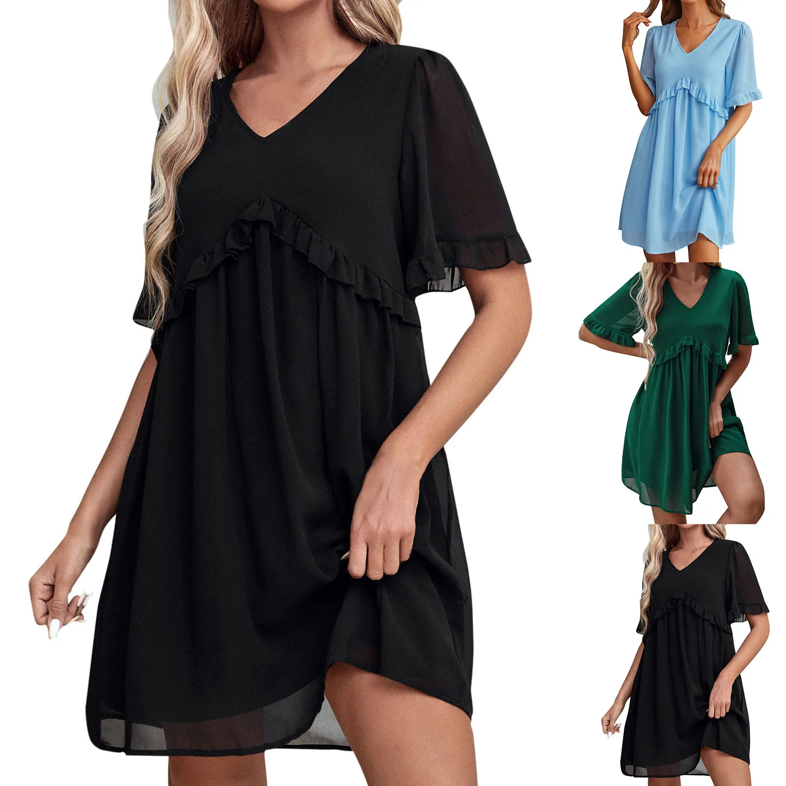 

Женское летнее повседневное однотонное мини-платье А-силуэта с V-образным вырезом и коротким рукавом