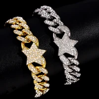 flatfoosie trendy shiny crystal star cuban link chain bracelet for women hip hop bling iced out pave cuban bracelets new jewelry