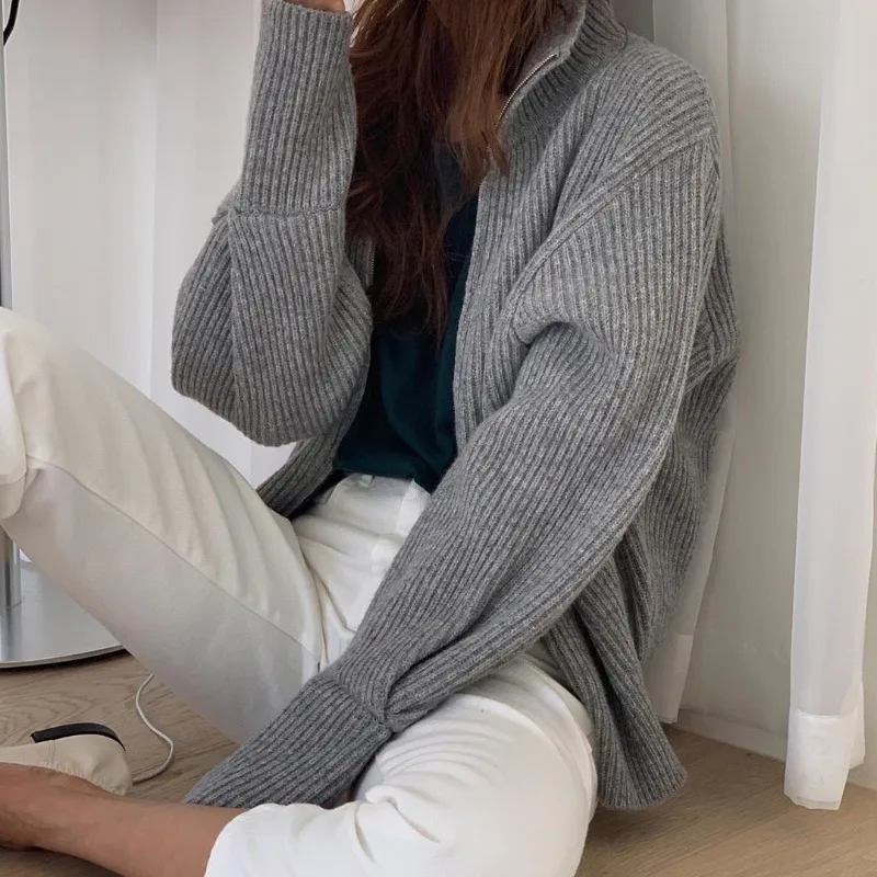 

Solid Turtleneck Zipper Loose Knitted Jacket Female Coat Sweater Warmth All-match Tops Outwear Women Autumn Winter Sweater Coat