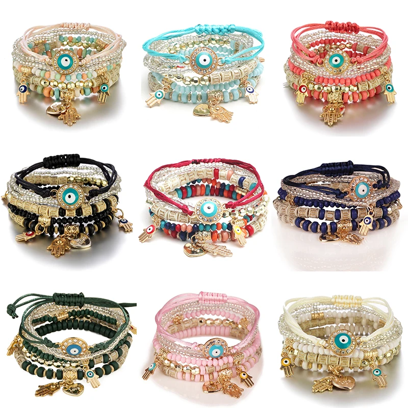 6pcs/set Bohemian Multilayer Elastic Weave Bracelets for Women Men Hand of Fatima Evil Eye Heart Beads Charms Bracelet Set