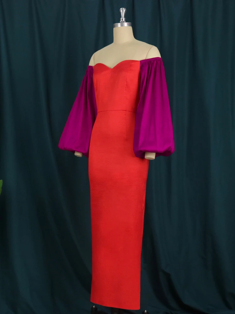 Платье женское длинное Облегающее с рукавами-фонариками и пэчворком