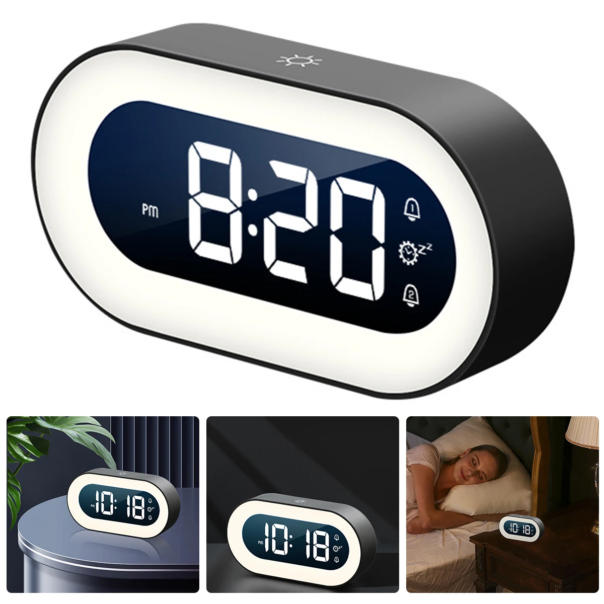 

Digital Alarm Clock Music Adjustable LED Electronic Clock 1500mAh USB Charging Smart Desk Clock 12/24H Display 5 Gears Voice