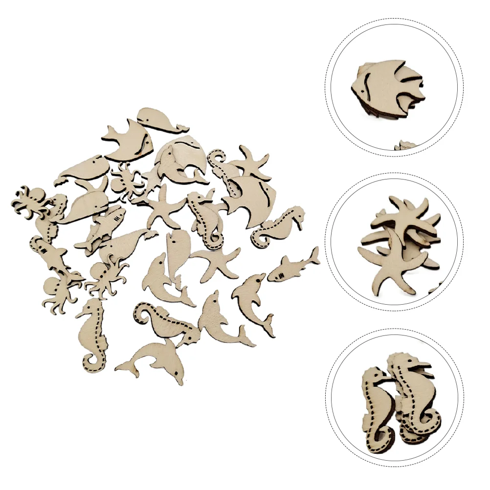 

50 Pcs Marine Animal Wood Chips Woodsy Decor Ocean Animals Slice Unfinished Wooden Cutout Blank Craft Child